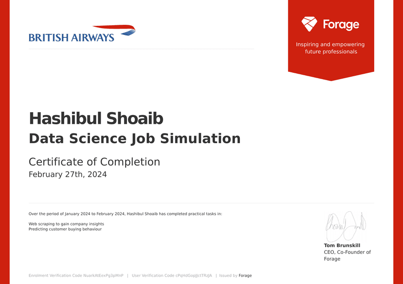 Certificate for Data Science Job Simulation (British Airways) from Forage.