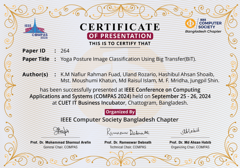Certificate of presentation for the paper: Yoga Posture Image Classification Using Big Transfer(BiT) at IEEE Conference on Computing Applications and Systems (COMPAS 2024).