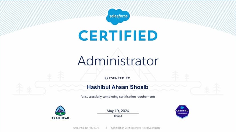 Certificate of Certified Salesforce Administrator from Salesforce.