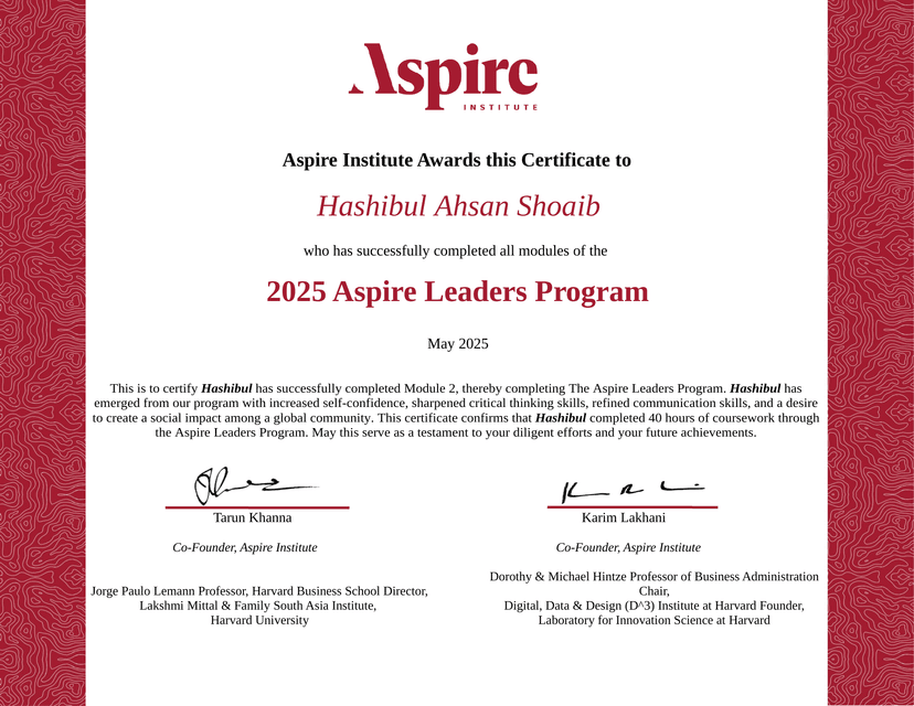 Certificate for 2025 Aspire Leaders Program from Aspire Institute.