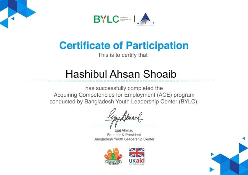 Certificate for Acquiring Competencies for Employment (ACE) form Bangladesh Youth Leadership Center (BYLC).