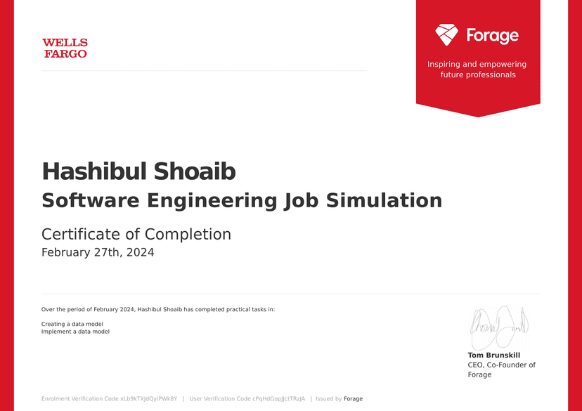 Certificate for Software Engineering Job Simulation (Wells Fargo) from Forage.