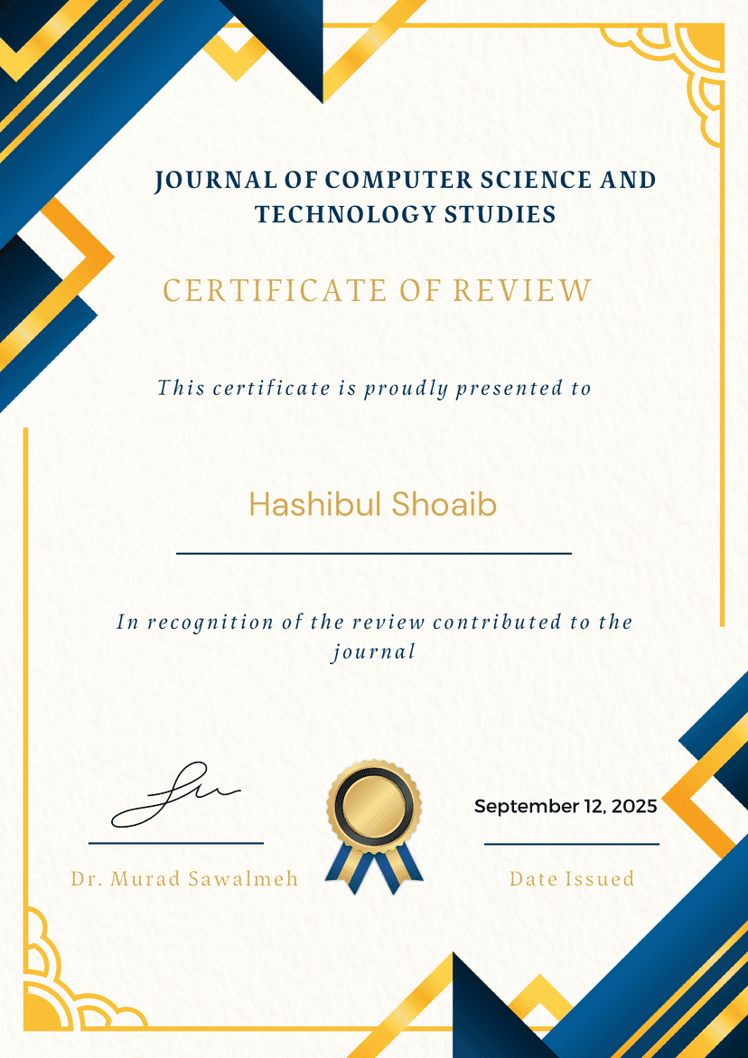 Certificate of Reviewing at Journal of Computer Science and Technology Studies (Al-Kindi Publishers)